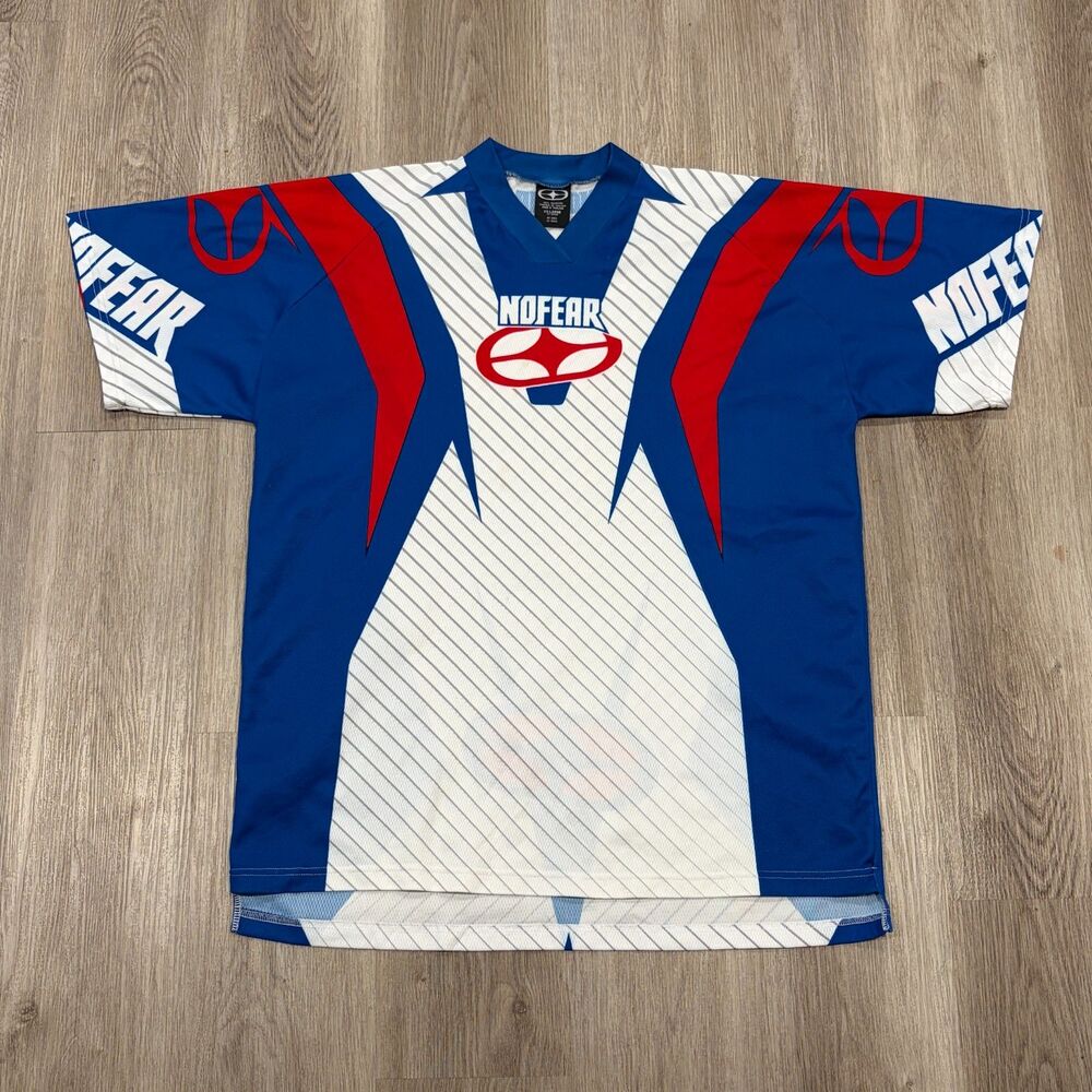 Vintage 90s No Fear Motocross Jersey Short Sleeve Men's Size XXL 2XL Blue White